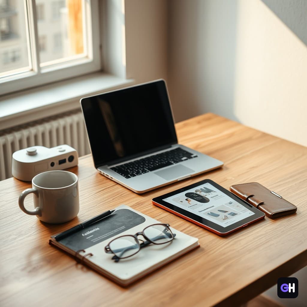 لپتاپ، تبلت، دفترچه یادداشت و فنجان قهوه روی میز چوبی روشن